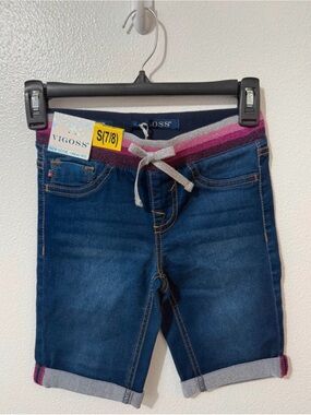 Vigoss Women's Dark Blue Denim Roll-Cuff Shorts with Pink Stripe Waistband